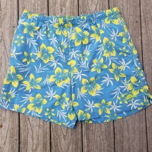 Tommy Bahama Relax Mens L Blue Yellow Hibiscus Tropical Nylon Mesh Swim Trunks